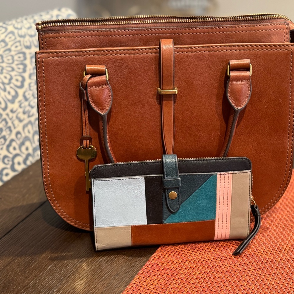 Fossil Brown Leather Tote with Colorful Wallet